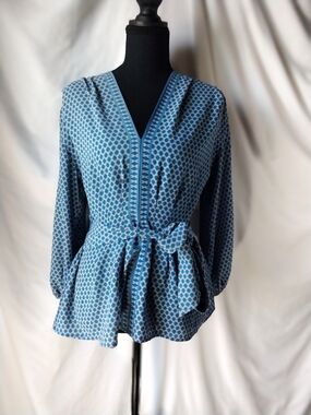 Max Edition Blue Printed V-Neck Tie-Waist Peplum Blouse